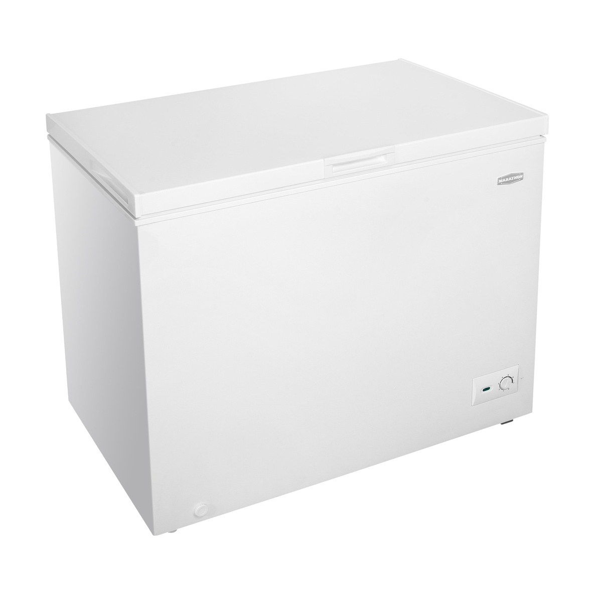 Angled view of closed white chest freezer with front control panel