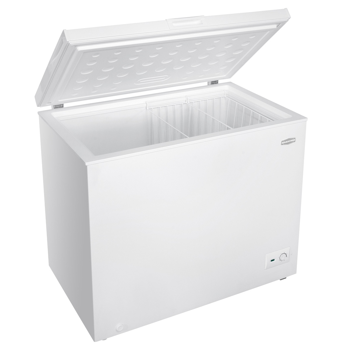 Angled view of open chest freezer with wire baskets