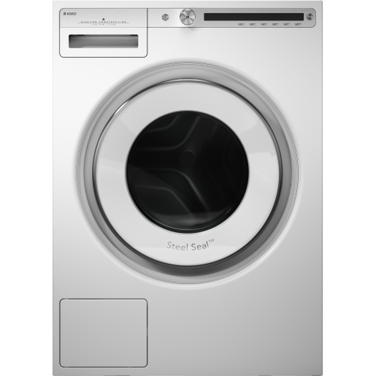 Front view of ASKO front-load washer with round door and top controls