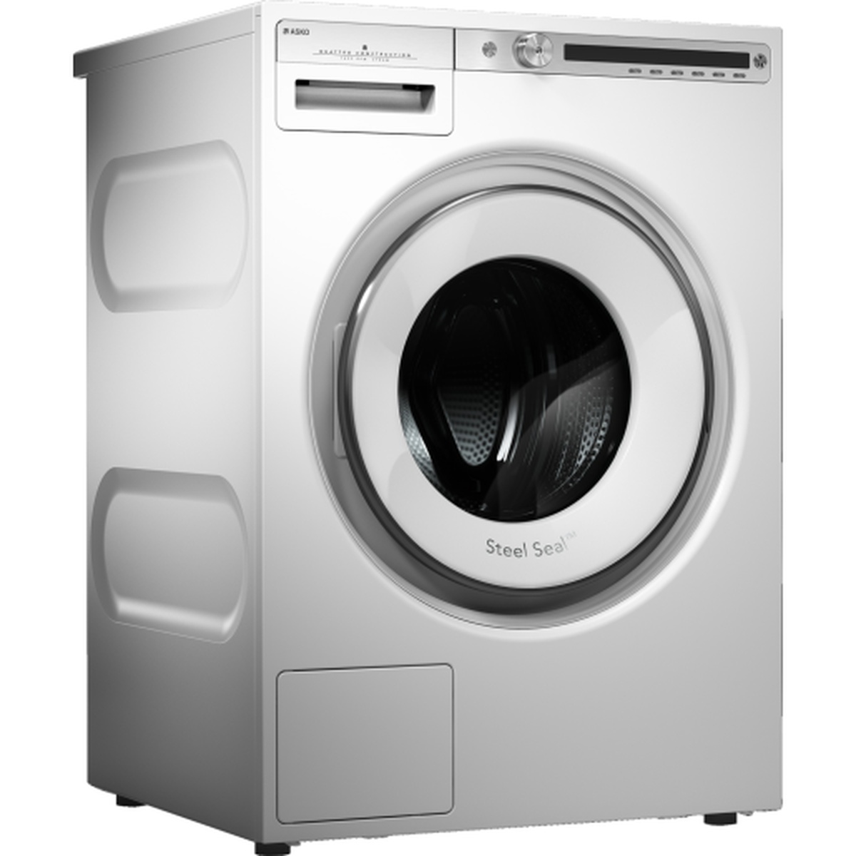 Angled view of the white ASKO front-load washing machine showing the door, control panel, and detergent drawer