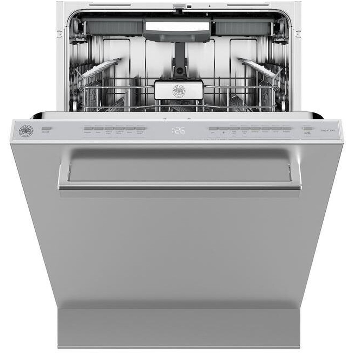 Bertazzoni dishwasher shown open with bar handle, concealed top control panel with LED display, and stainless steel interior with multiple racks