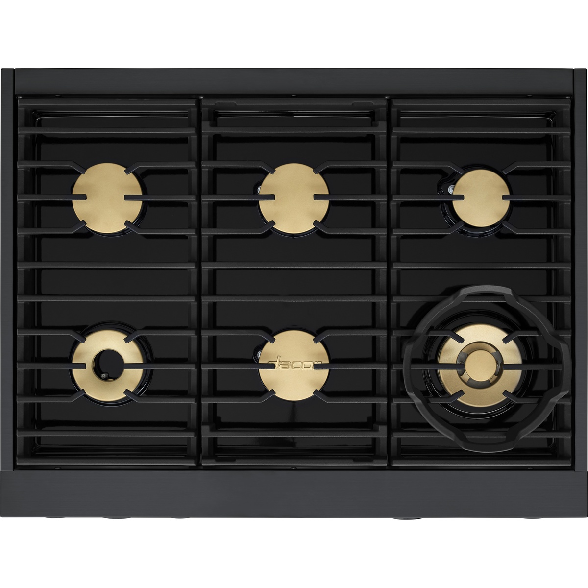 Top-down view of six-burner gas cooktop with cast-iron grates