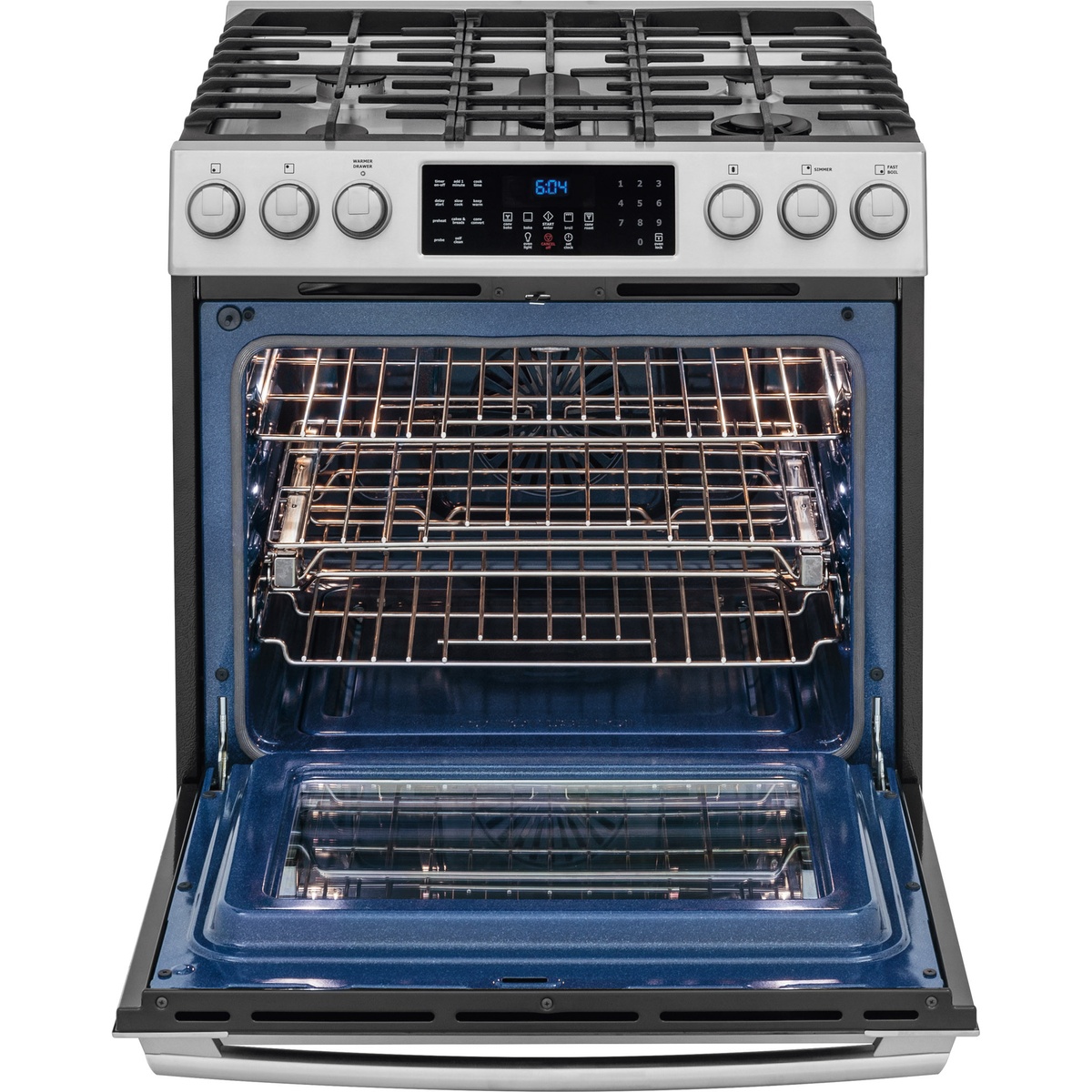 Open oven showing cobalt blue interior and multiple racks
