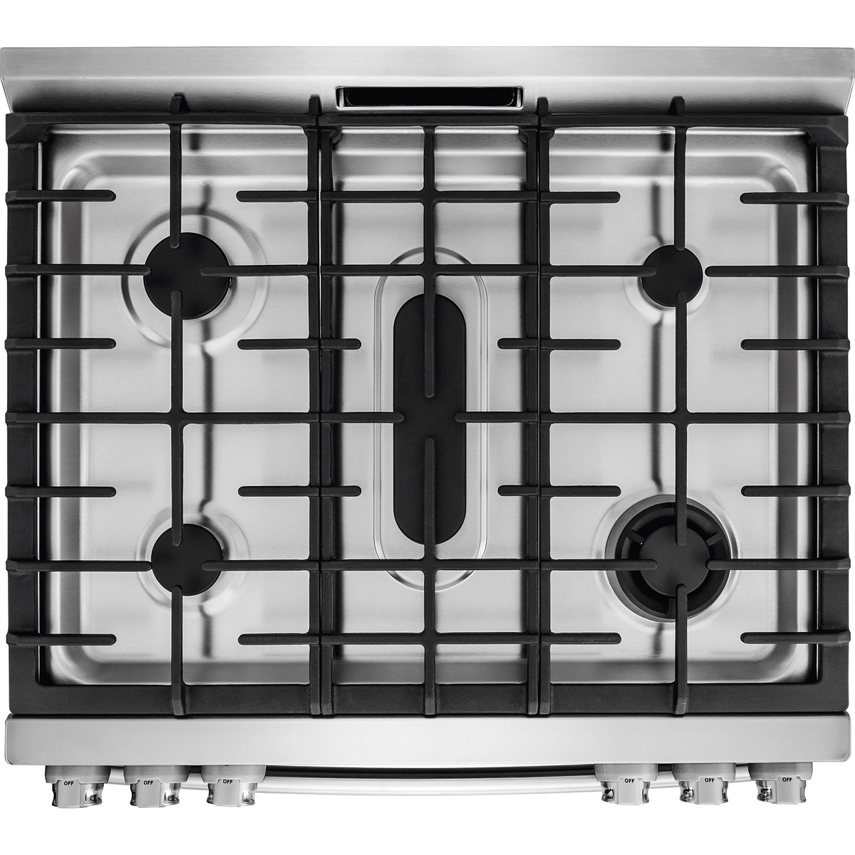 Top view of the Electrolux gas range cooktop with five burners and continuous cast-iron grates