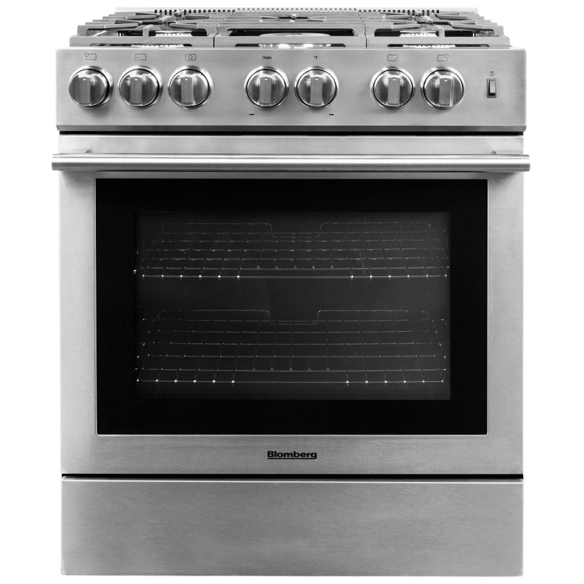 Front view of a stainless steel Blomberg gas range with large oven window and multiple front control knobs