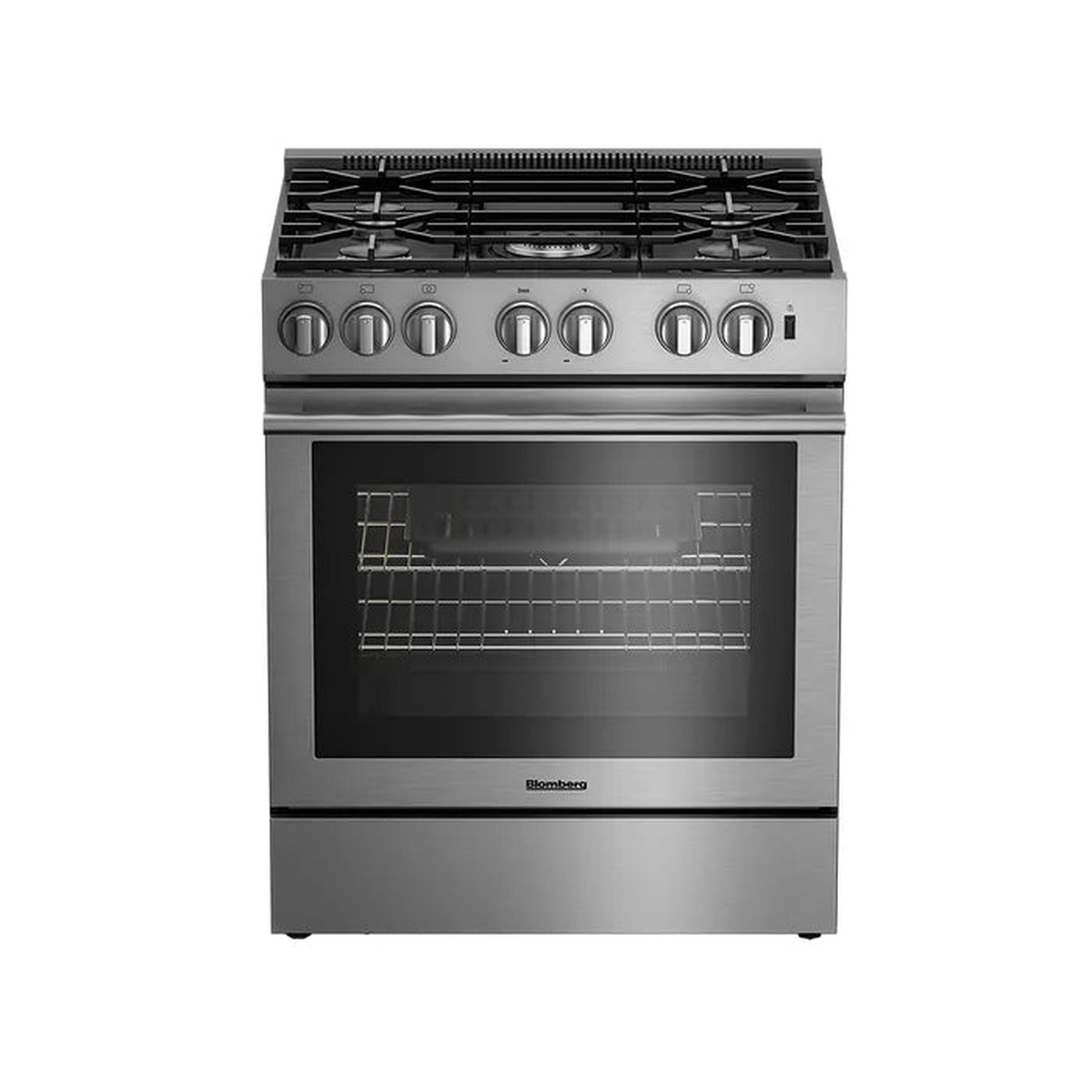 Front view of a stainless steel Blomberg gas range with knob controls and large oven window