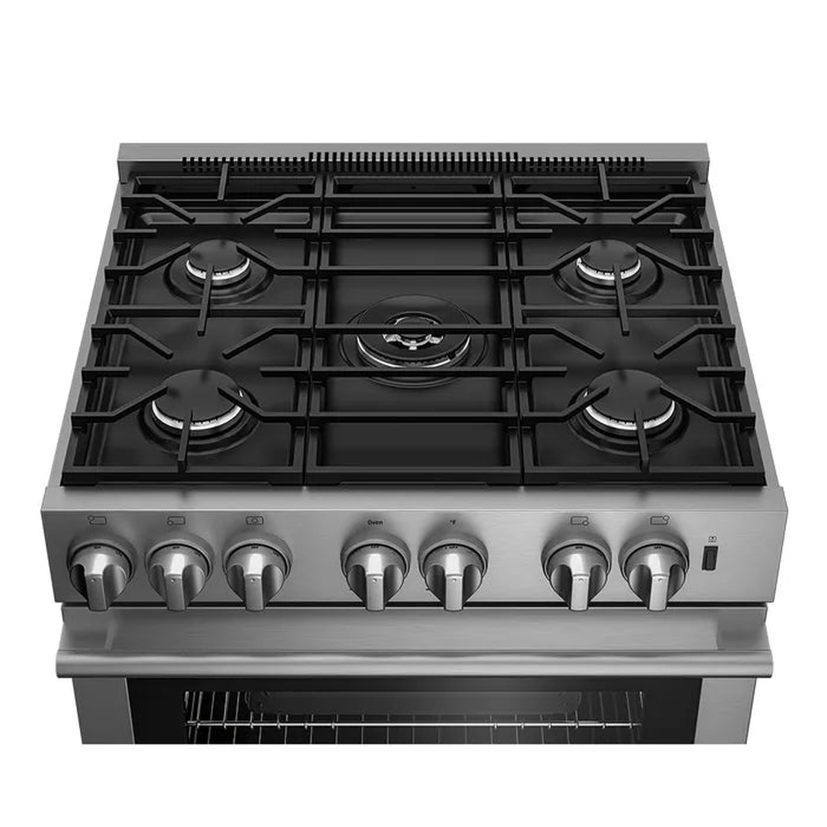Angled top view of the cooktop showing five gas burners and continuous grates