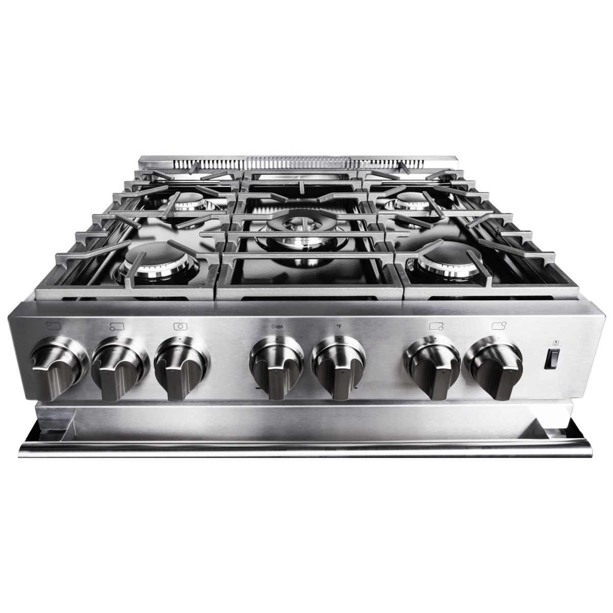 Angled view of the cooktop showing five gas burners with continuous cast iron grates and front knob controls