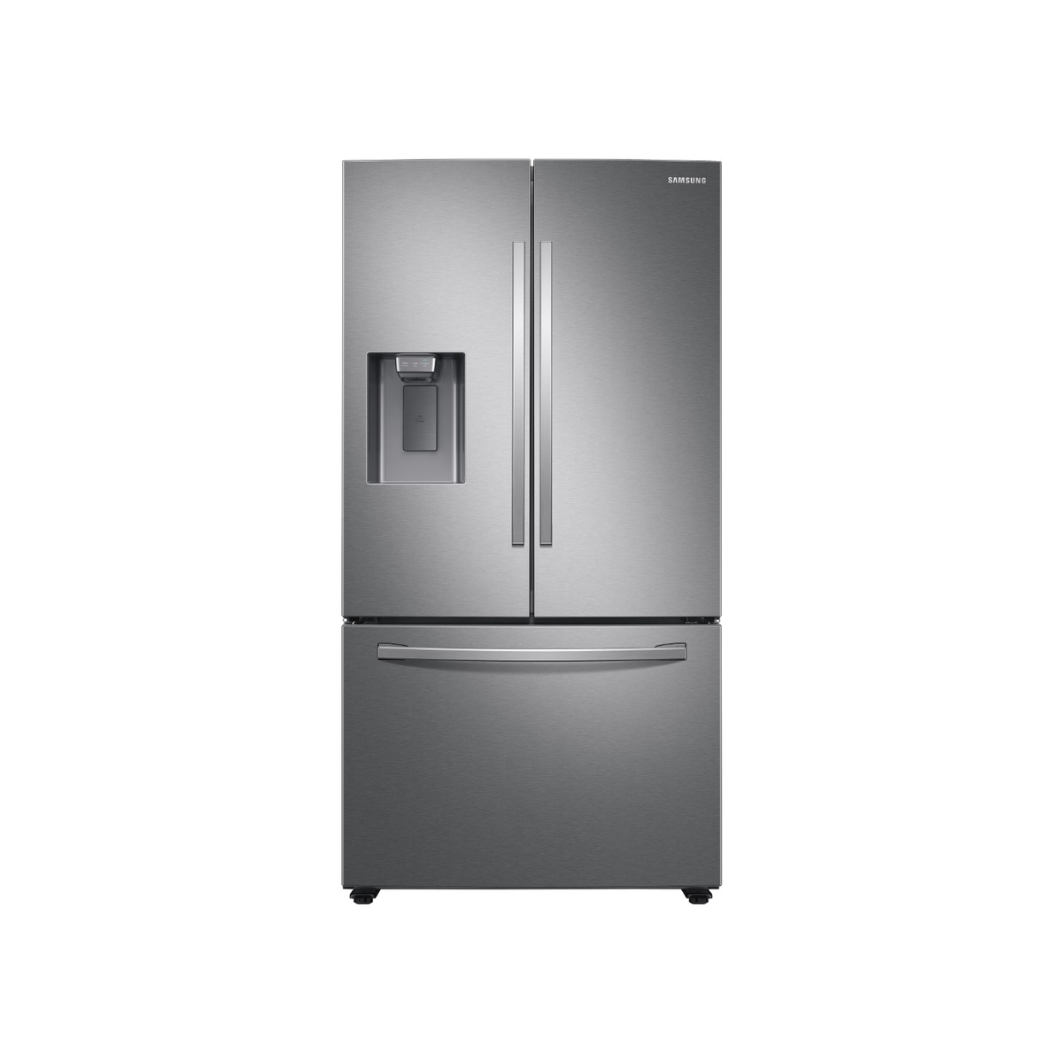 Front view of stainless 3-door French door refrigerator with external dispenser