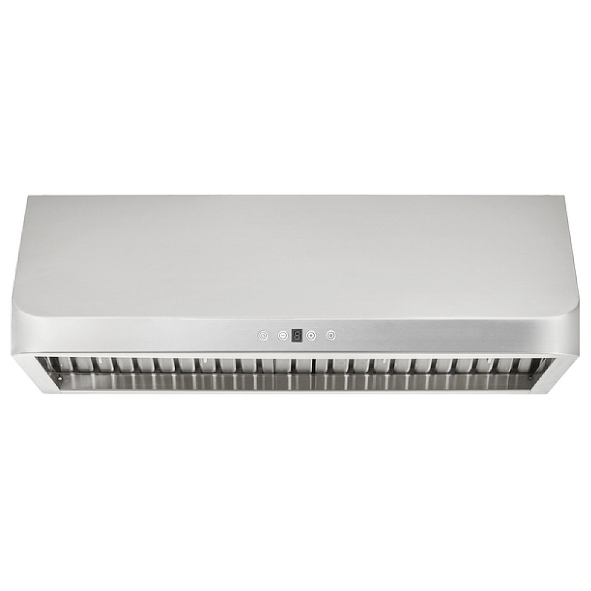 Stainless steel under-cabinet range hood with baffle filters and a centered control panel