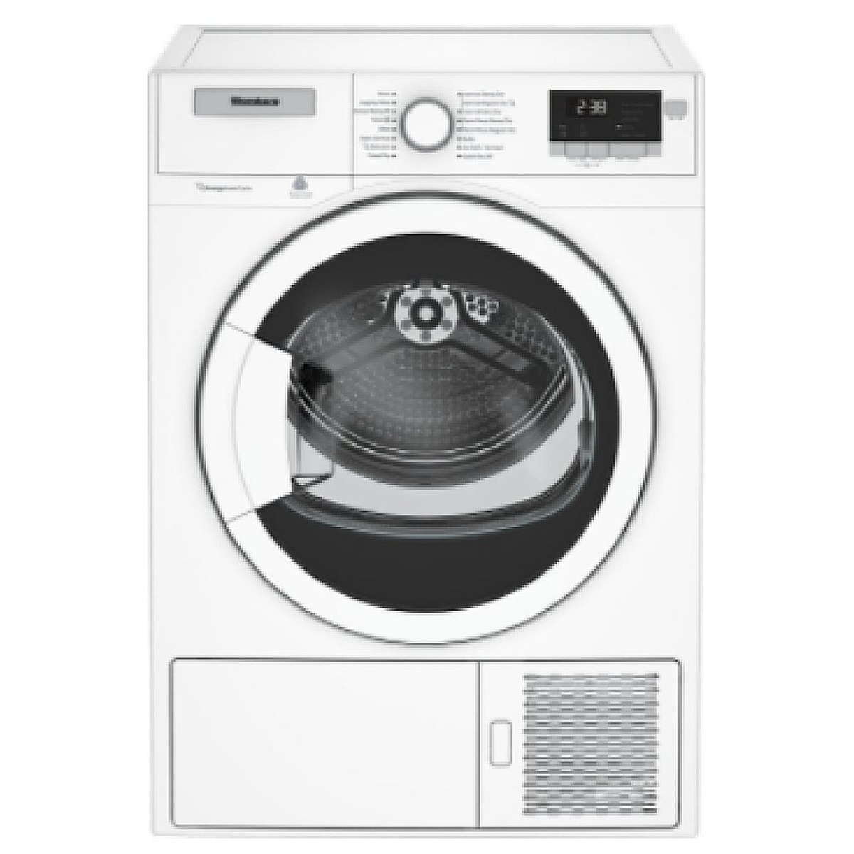 Front view of a white Blomberg compact front-load dryer with a round glass door, center rotary cycle knob, and a digital display control panel