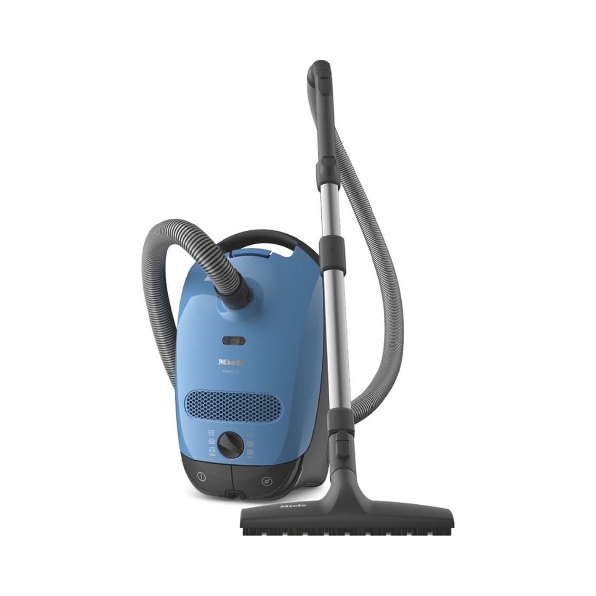 Miele Classic C1 canister vacuum in blue with hose, wand, and floor head