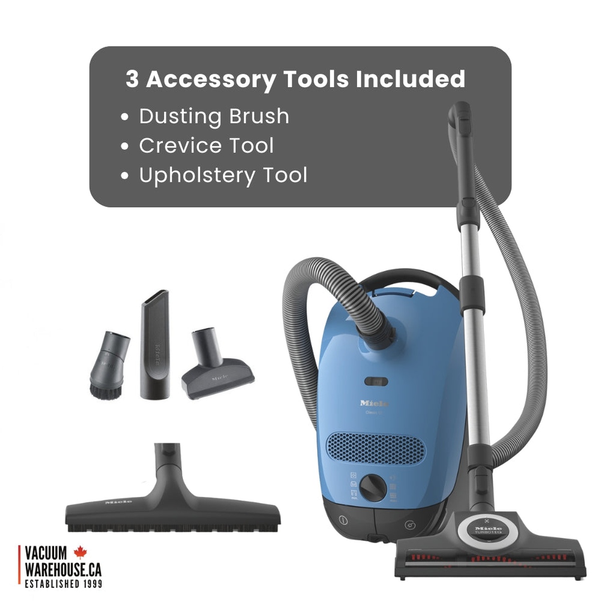 Miele Classic C1 TurboTeam canister vacuum with turbo brush, hard floor tool, and three small accessory tools