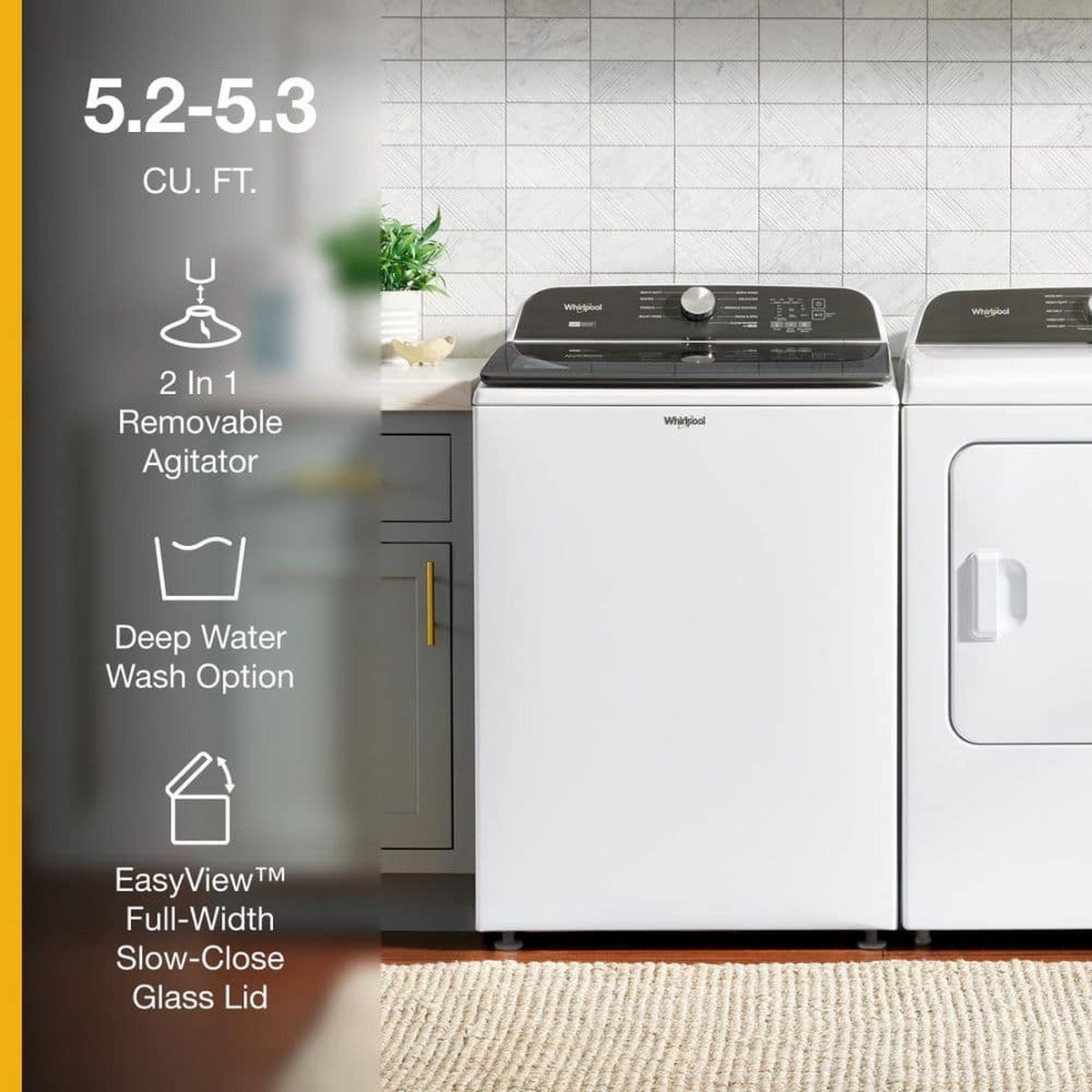 Whirlpool washer in a laundry room next to a matching dryer with text callouts for capacity, removable agitator, deep water wash option, and EasyView full-width slow-close glass lid