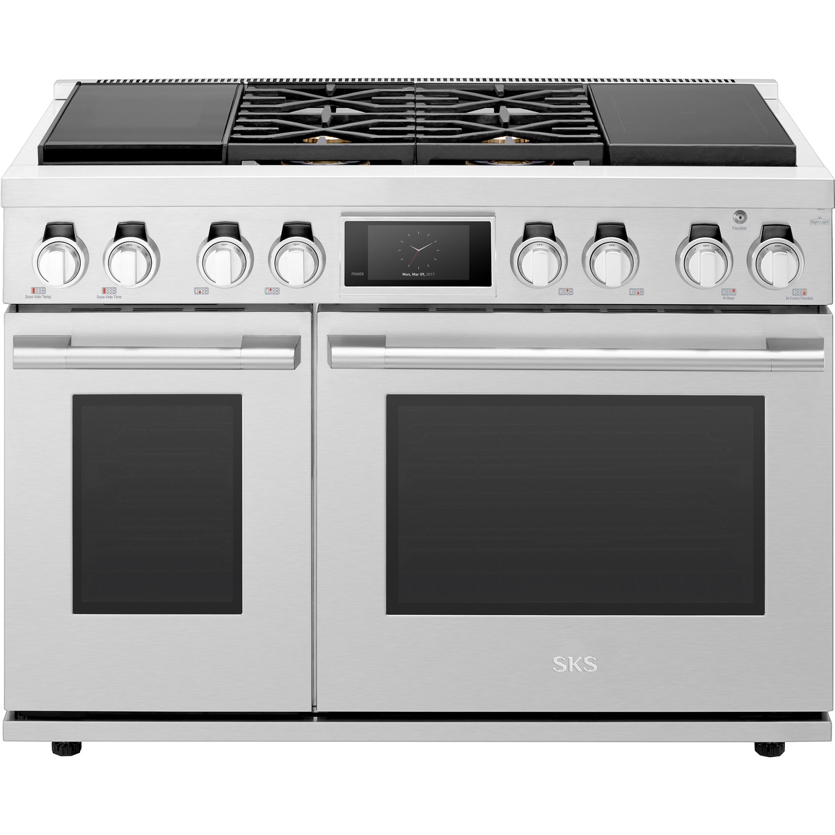 Front view of stainless steel SKS 48-inch professional range with large center display and control knobs