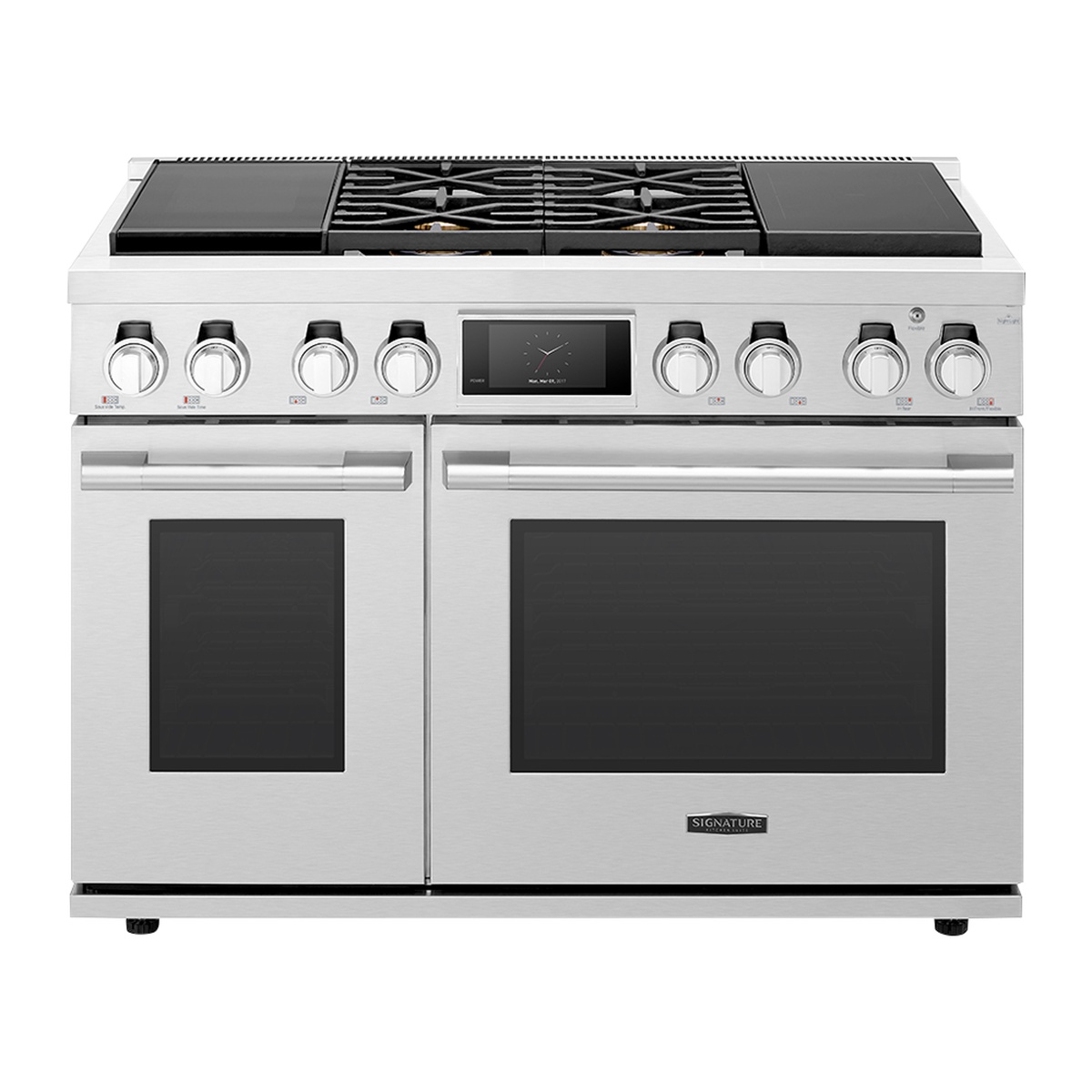 Front view of a stainless steel 48-inch Signature Kitchen Suite range with two oven doors, multiple control knobs, and a central touchscreen