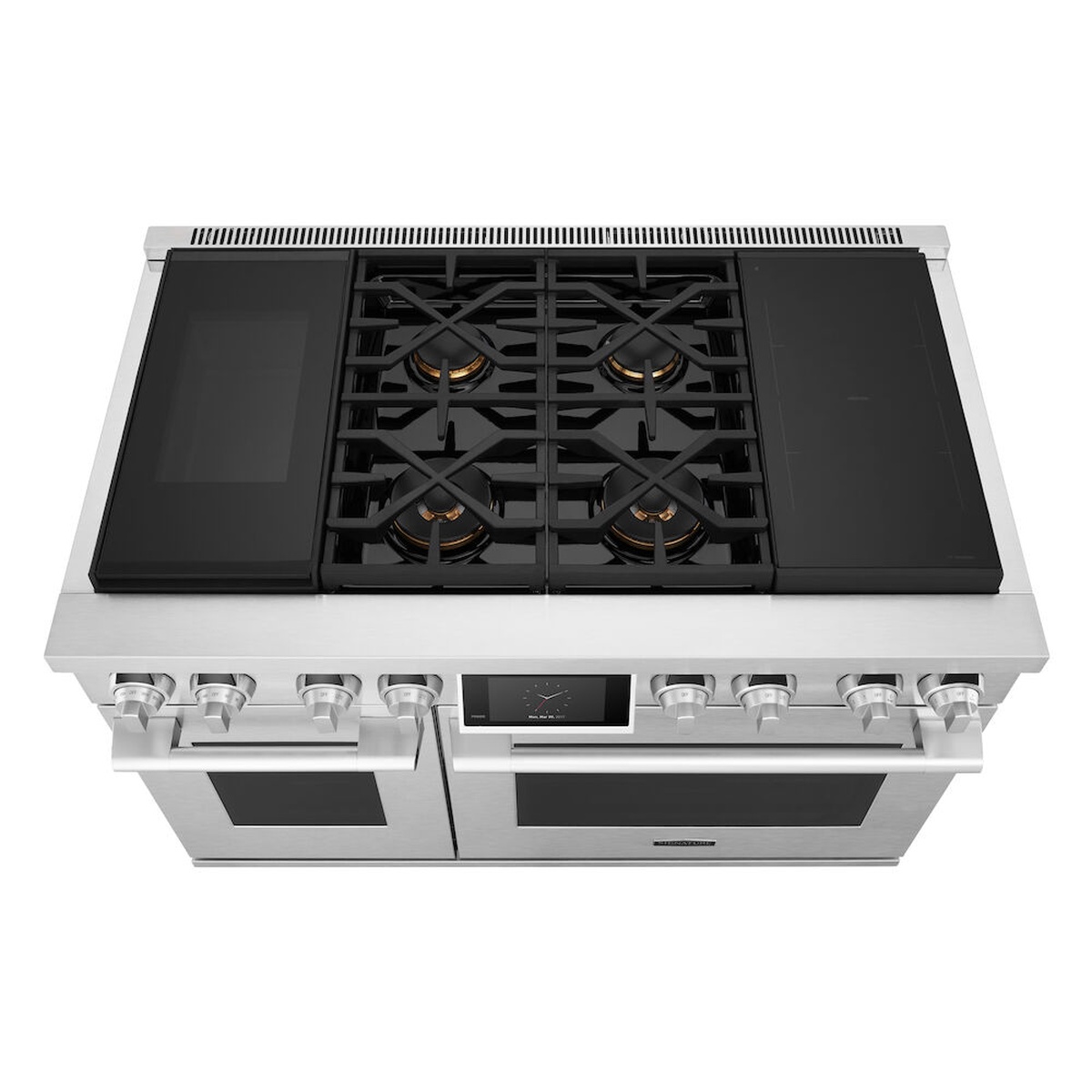 Top view of the range showing a central gas burner section with grates and two smooth black glass cooking zones on the left and right