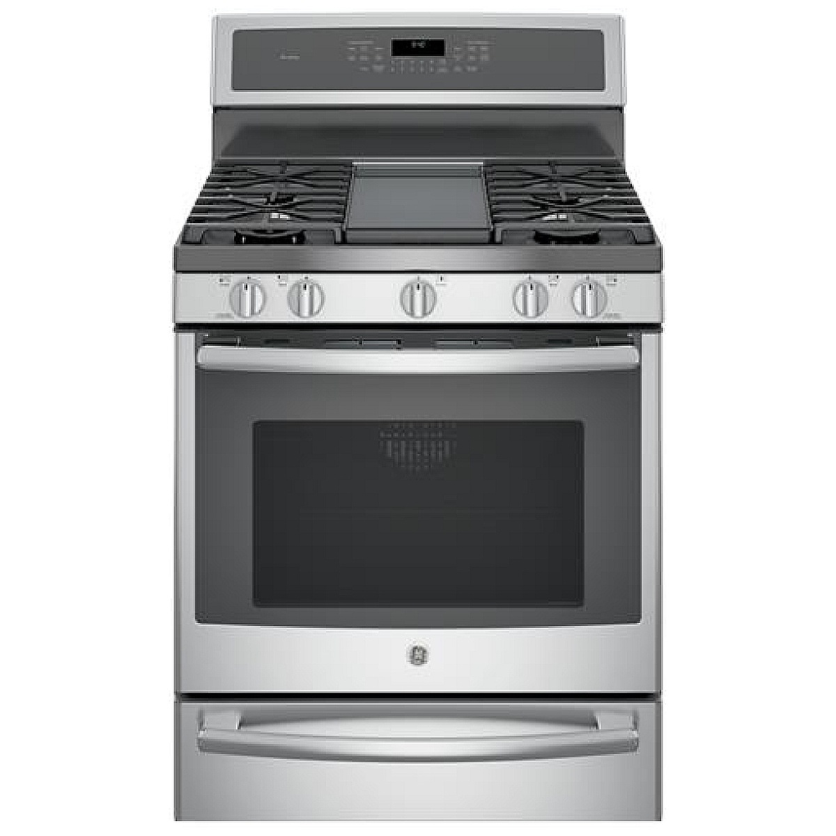 Front view of the GE PC2B940SEJSS stainless steel range showing five burner grates, a center integrated grill or griddle, front control knobs, oven window, and bottom warming drawer