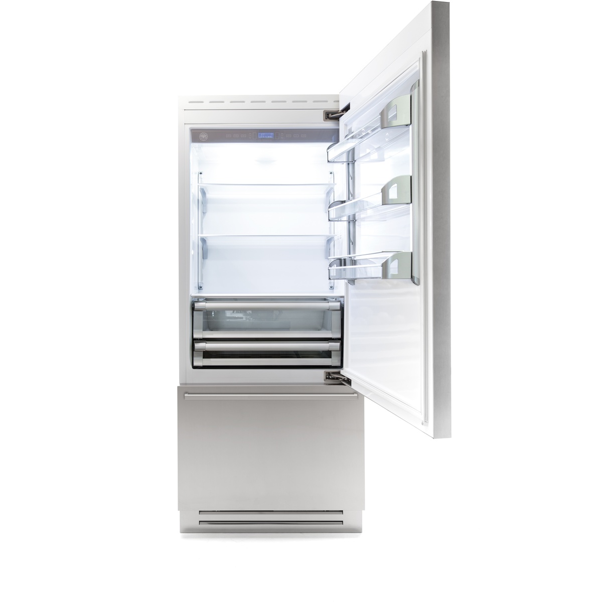 Open built-in bottom-mount refrigerator showing interior shelves, door racks, drawers, and an inside digital control panel