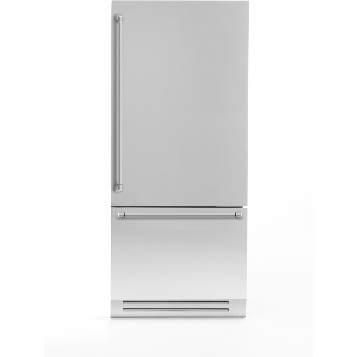 Front view of a stainless steel built-in bottom-mount refrigerator with long vertical door handle and horizontal freezer handle