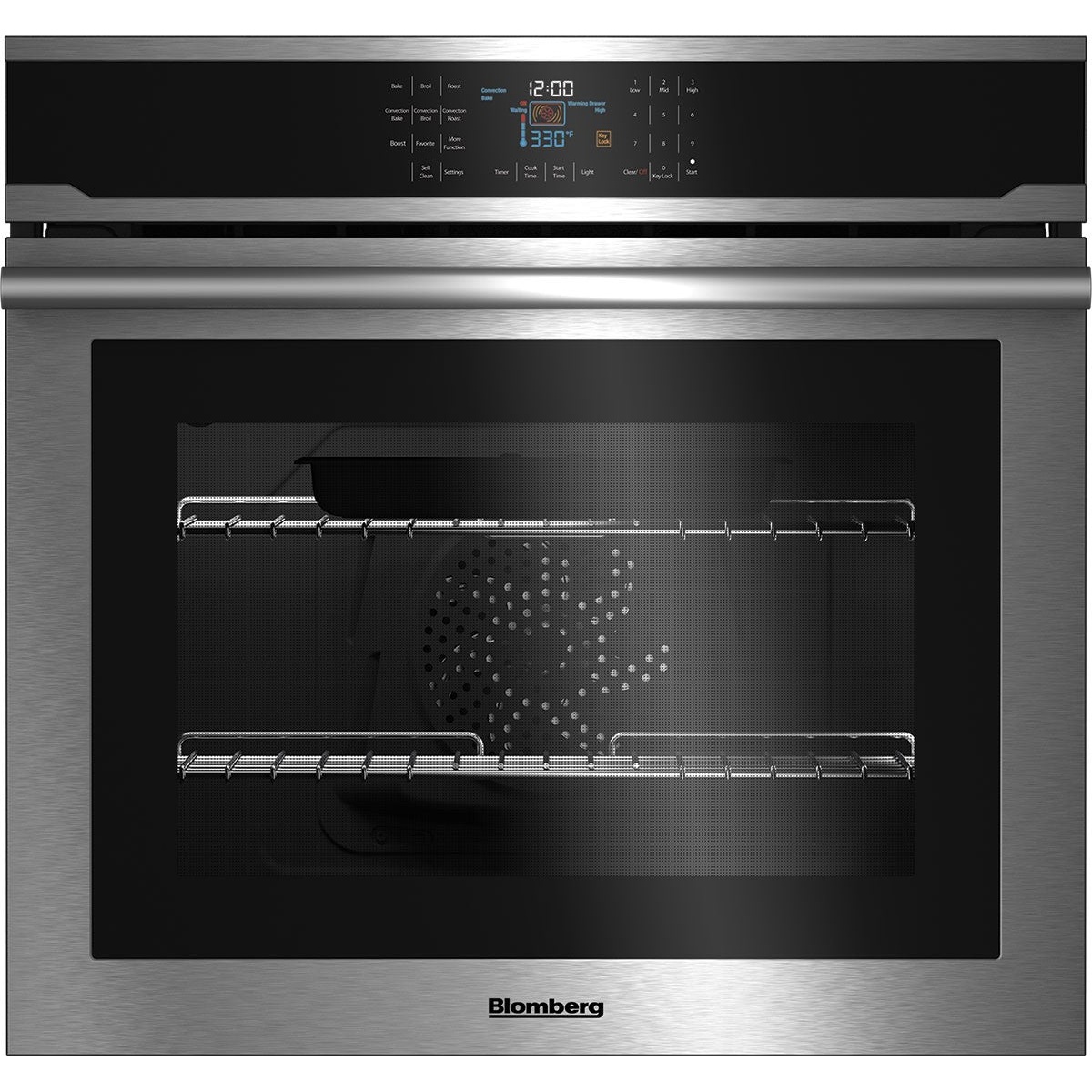 Front view of a stainless steel Blomberg single wall oven with touch control panel and large glass door