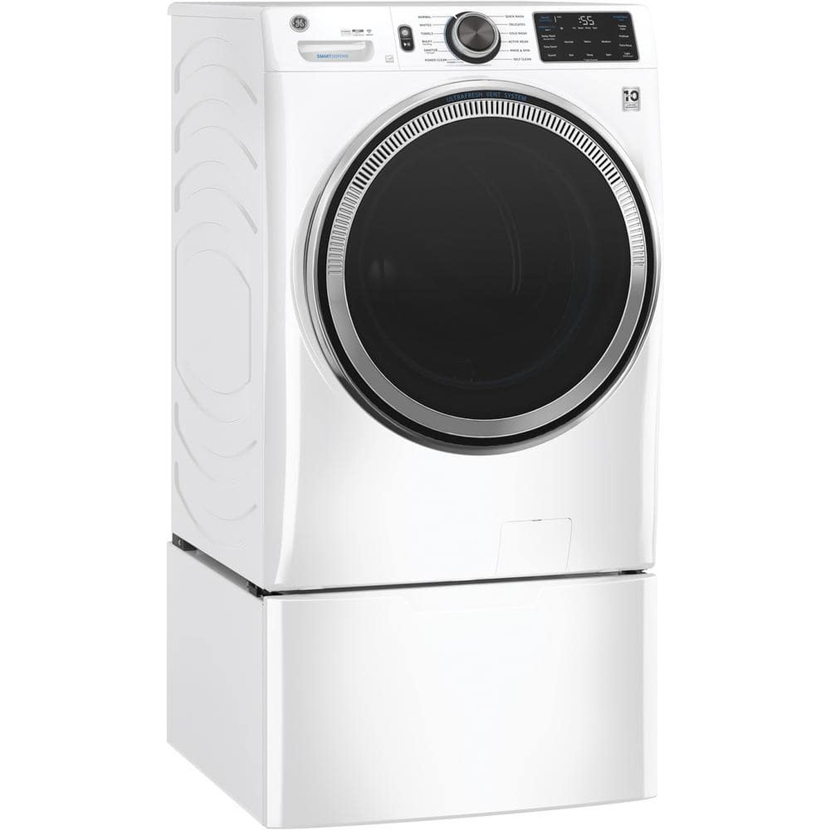White front-load laundry unit sitting on a matching white pedestal drawer