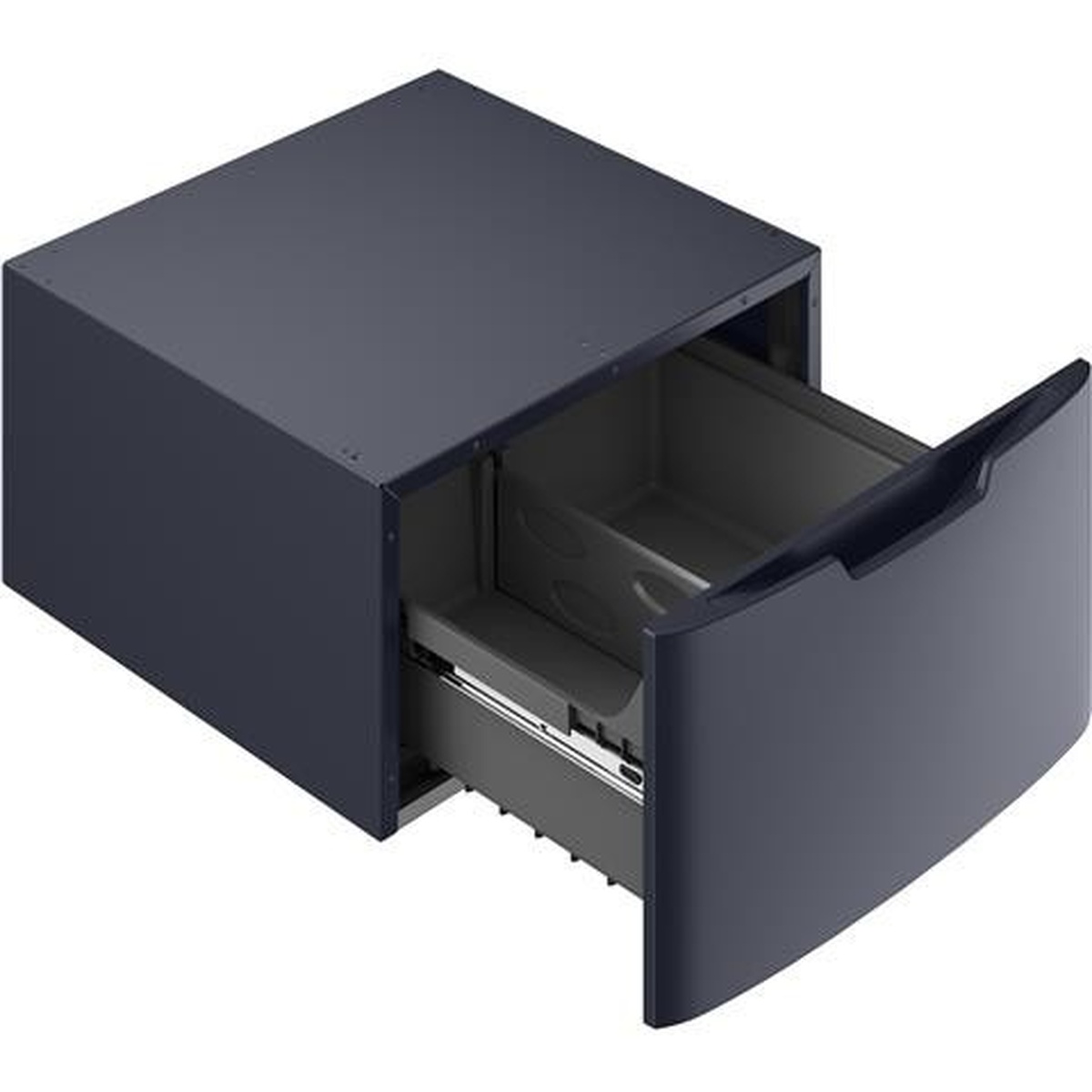 Angled view of a sapphire blue GE laundry pedestal with the storage drawer pulled open and visible slide rails