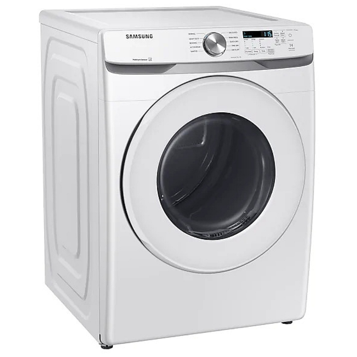 Angled view of the white Samsung DVE45T6005W front-load dryer showing the door and top control console