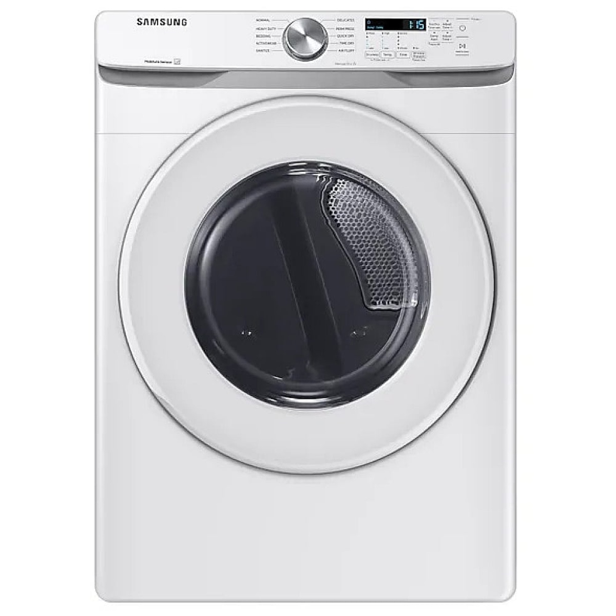 Front view of a white Samsung DVE45T6005W electric dryer with a central cycle dial and LED display on the control panel