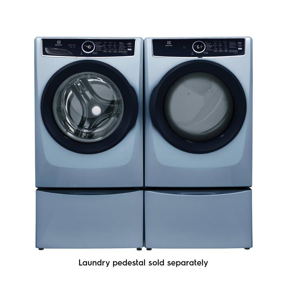 Electrolux front-load washer and dryer shown side by side on matching Glacier Blue pedestals