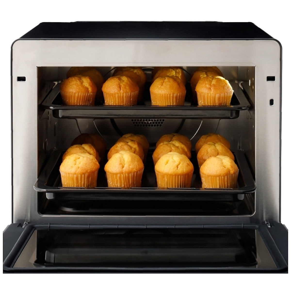 Open Panasonic NU-SC180B oven showing two cooking levels with trays of muffins
