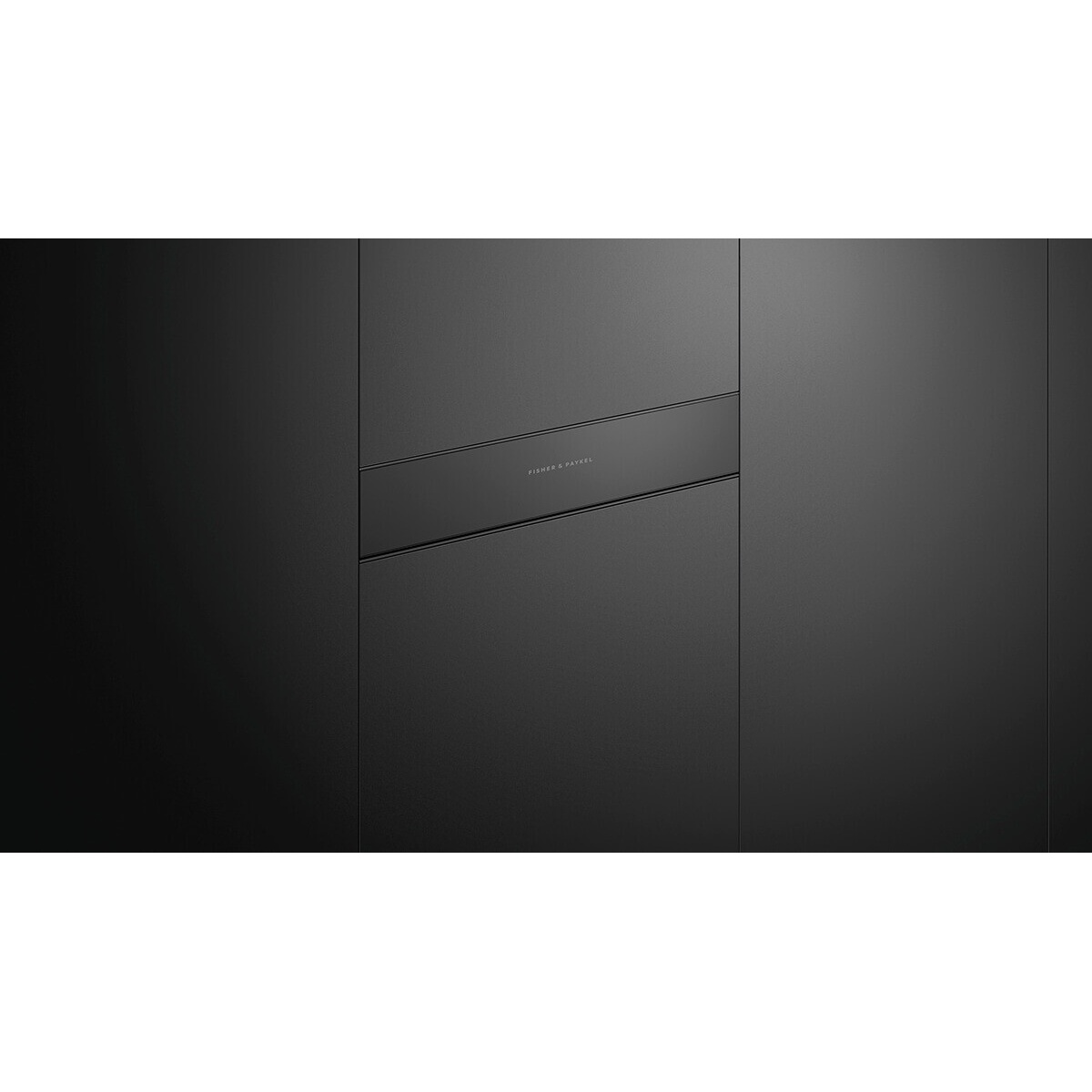 Fisher & Paykel vacuum seal drawer installed flush within dark cabinetry