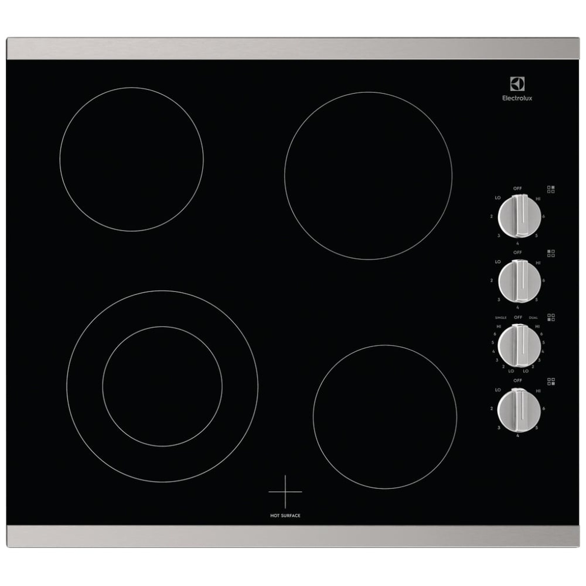Top-down view of a black Electrolux electric cooktop with four circular cooking zones, a dual-ring element, and four knobs on the right
