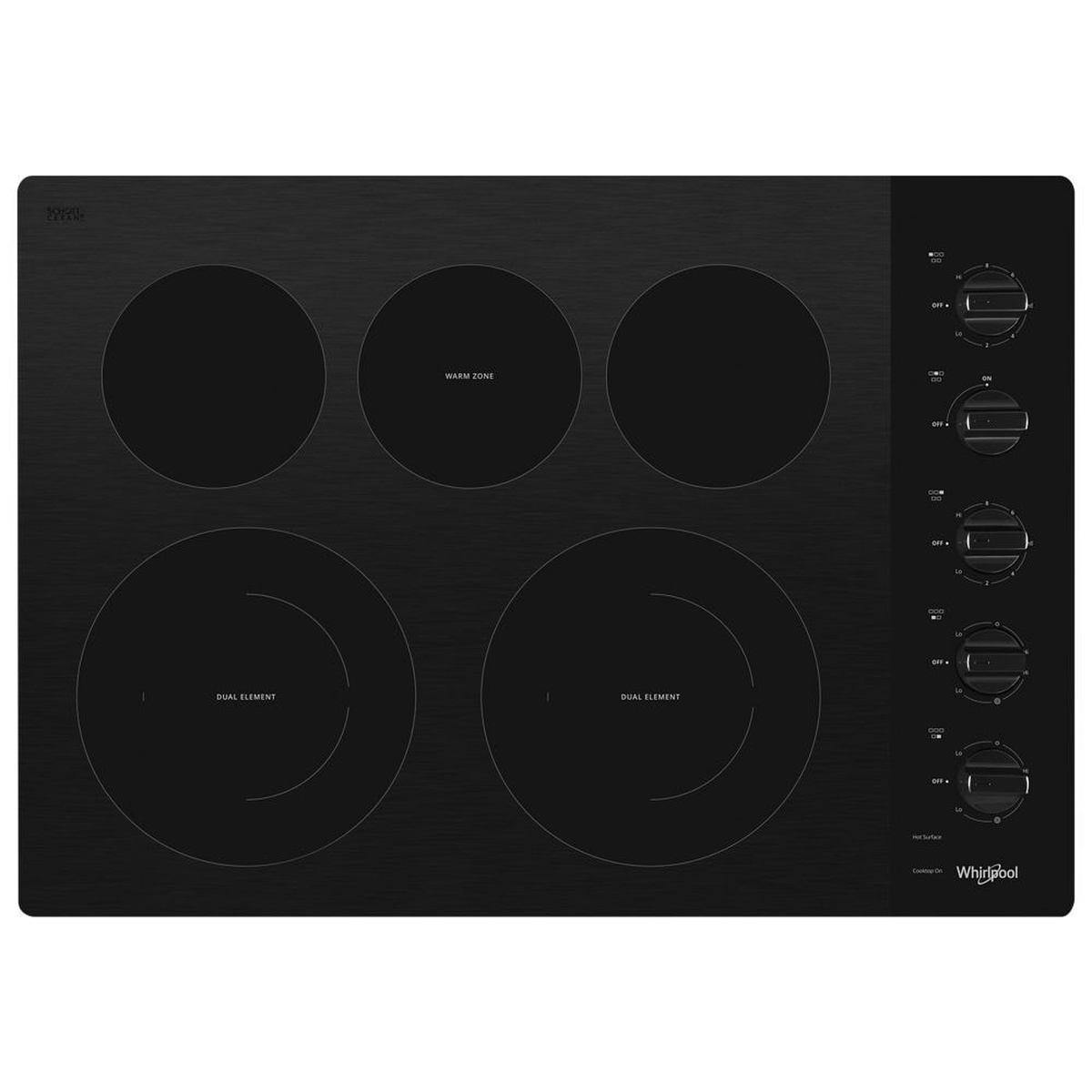 Top view of a black Whirlpool ceramic glass cooktop with five cooking zones and right-side control knobs