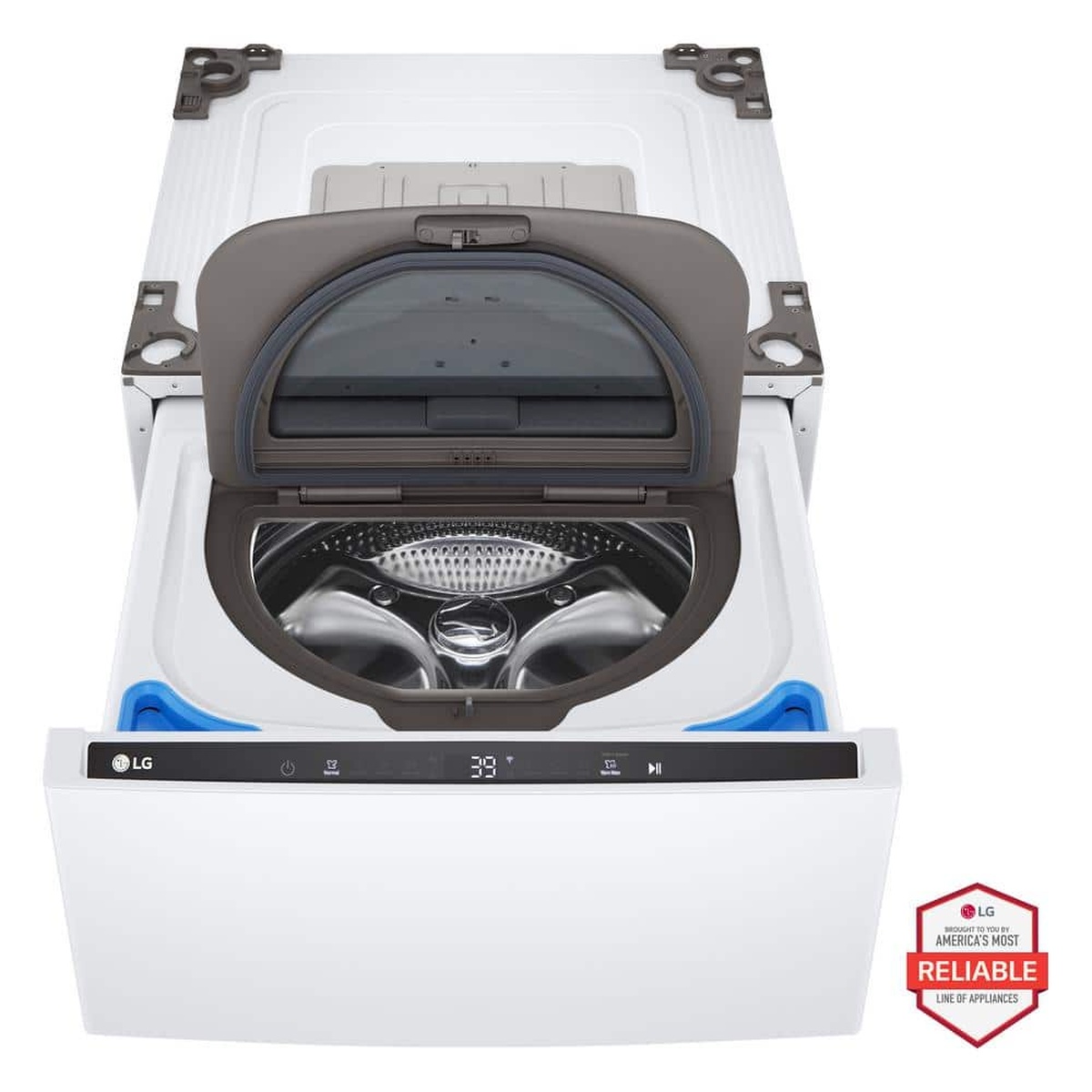 LG WD300CW SideKick pedestal washer with the lid open, showing the stainless steel tub and the front control strip with LED display