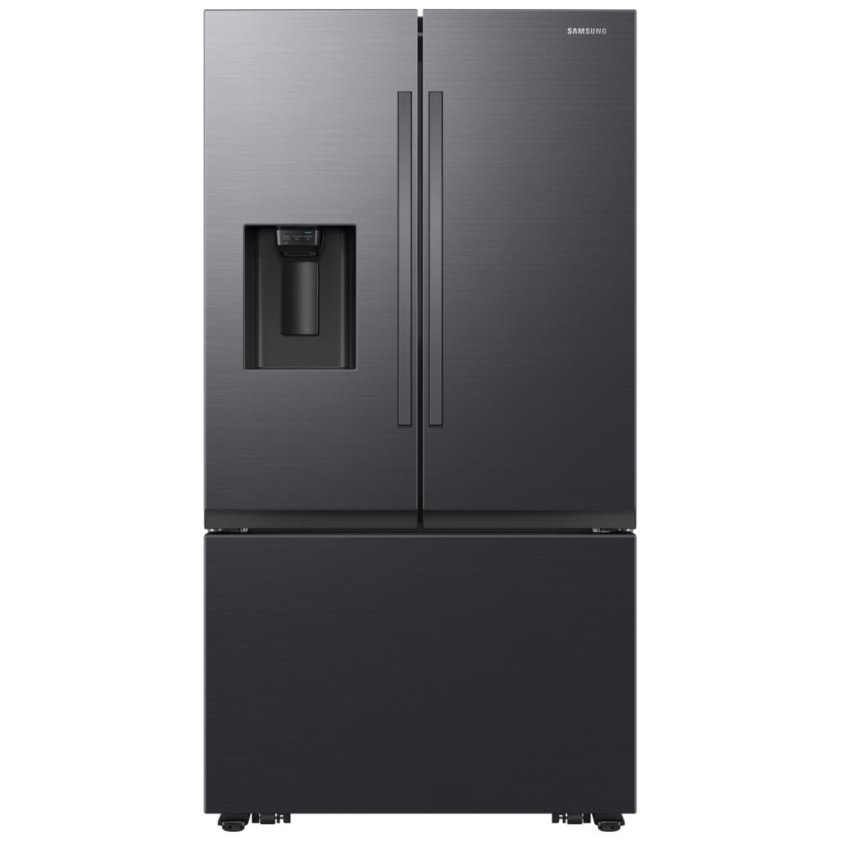 Front view of a matte black steel Samsung French door refrigerator with an in-door water and ice dispenser