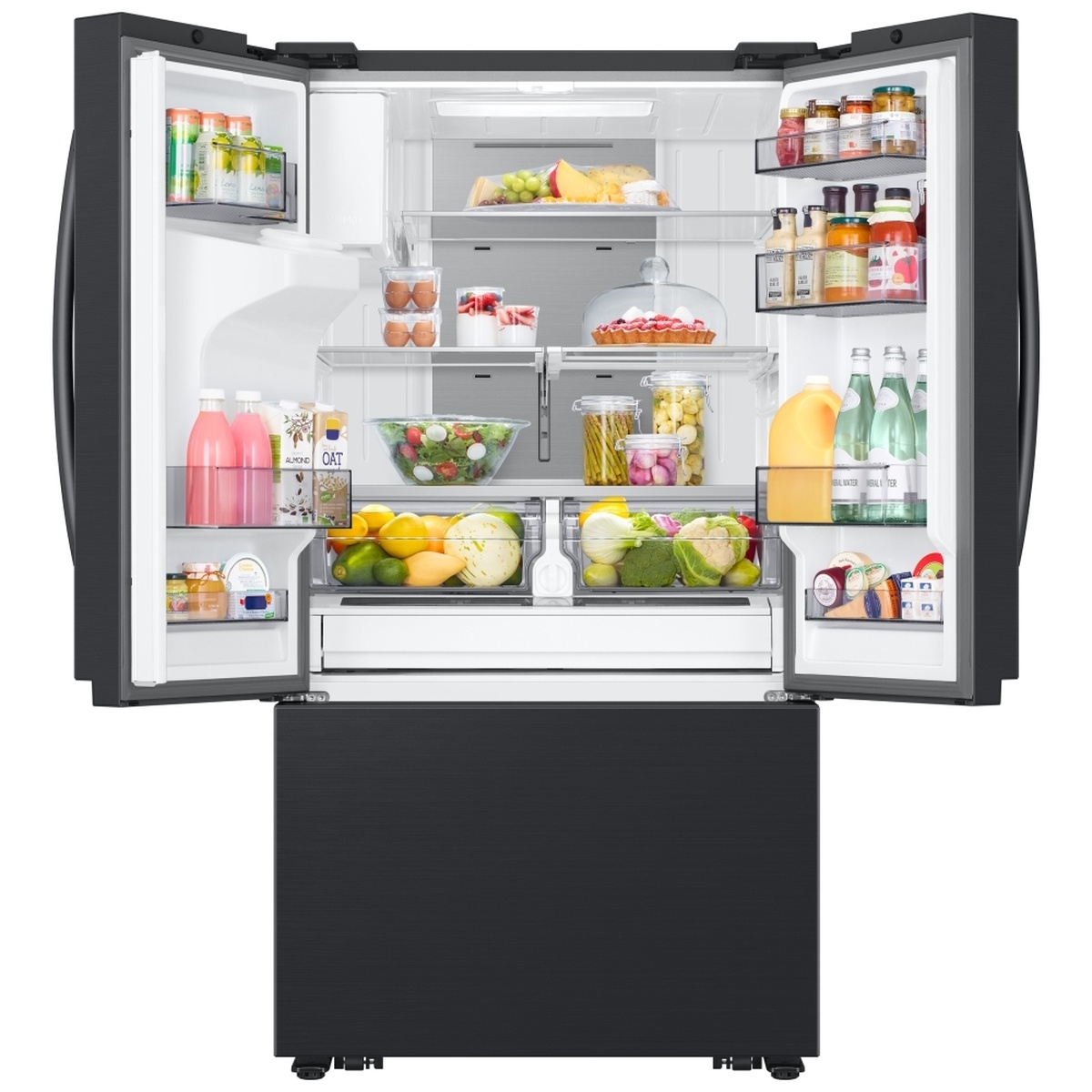 Refrigerator interior with shelves, door bins, drawers, and a Metal Cooling back panel, shown stocked with food and drinks