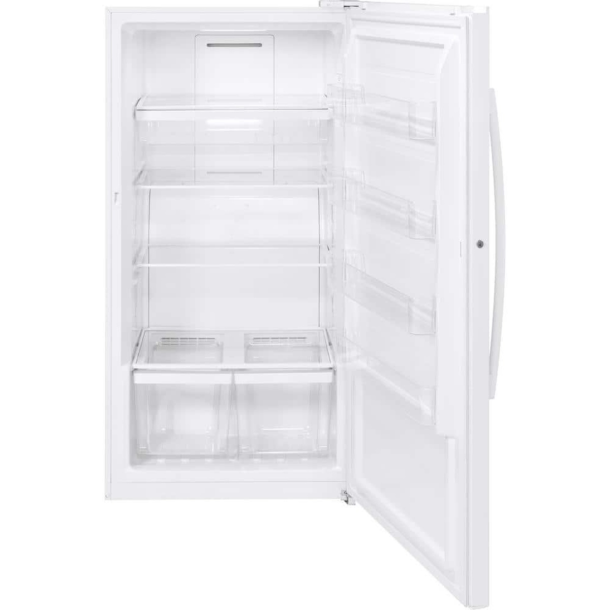 Interior of a white GE upright freezer with glass shelves, clear slide-out bins, and door storage shelves