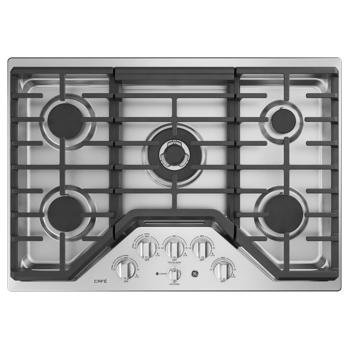 Top view of a Café 30 inch stainless gas cooktop with five burners, continuous grates, and front knob controls