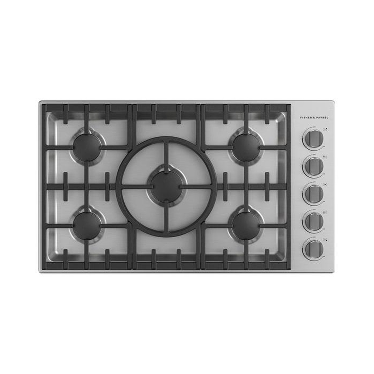 Top-down view of a stainless Fisher Paykel 36 inch gas cooktop with five burners and right-side control knobs
