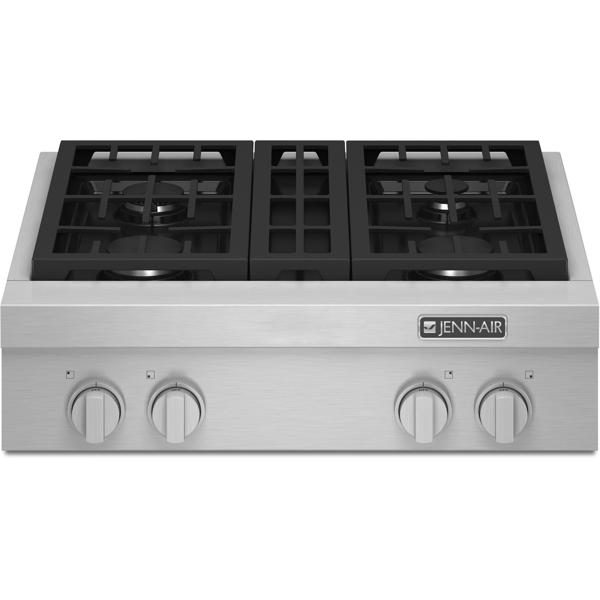 Angled top view of the JennAir gas rangetop showing four burners and continuous cast-iron grates