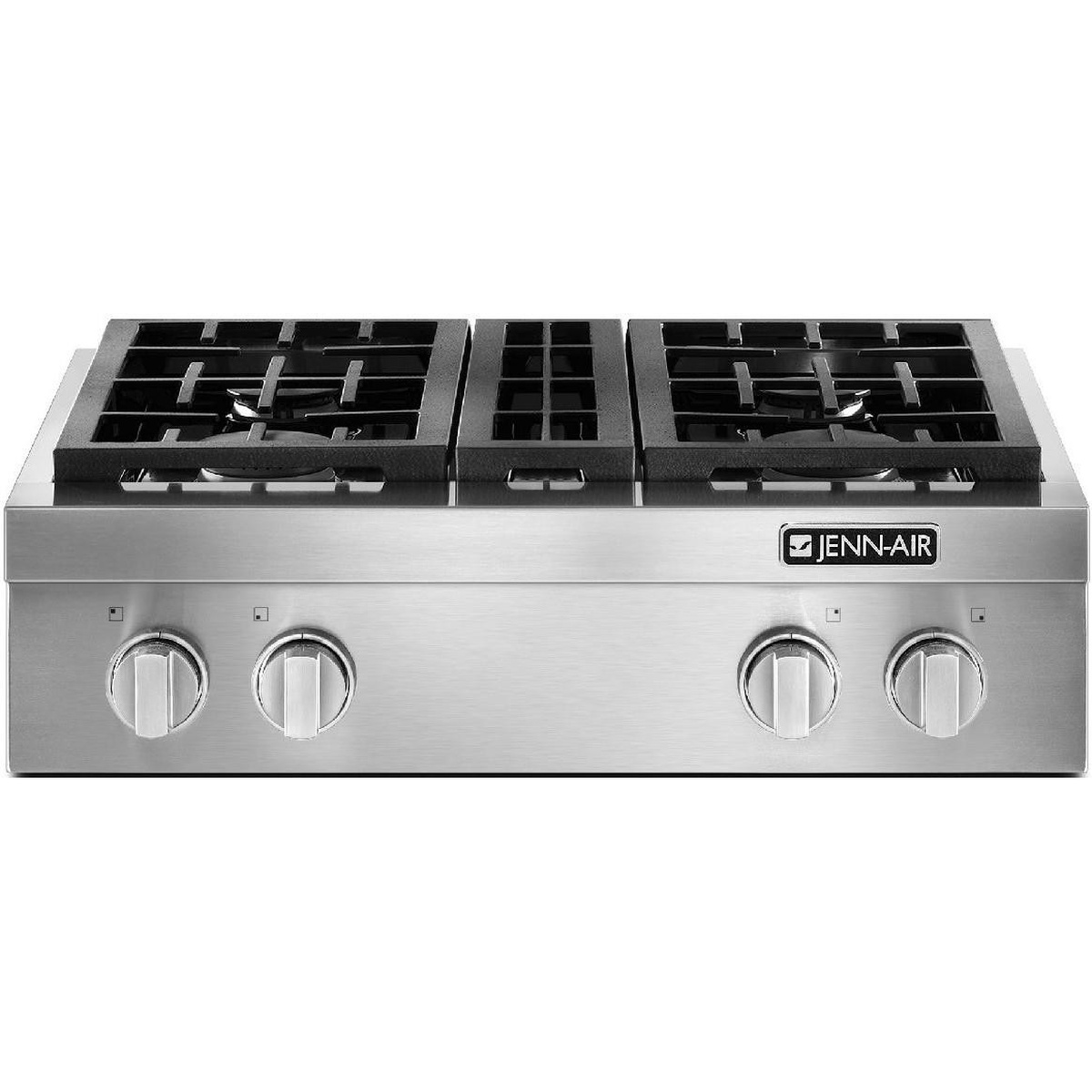 Front view of the JennAir rangetop showing the JennAir badge and four large metal control knobs