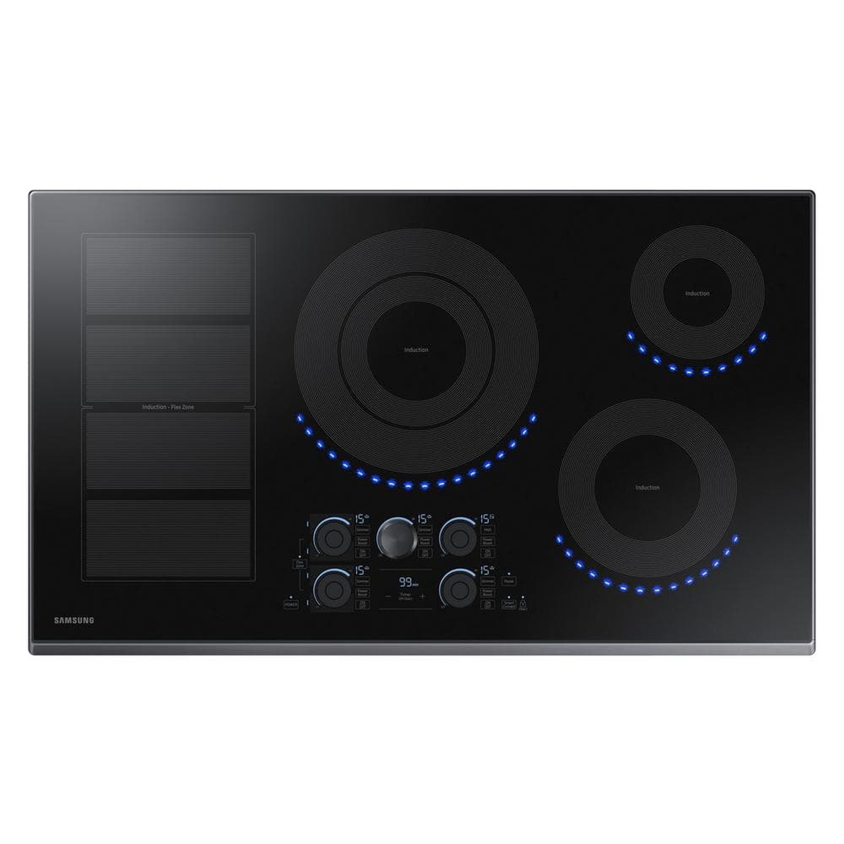 Top view of a Samsung 36 inch induction cooktop showing five cooking zones, a rectangular flex zone on the left, blue LED indicator lights, and a central control area with a removable knob