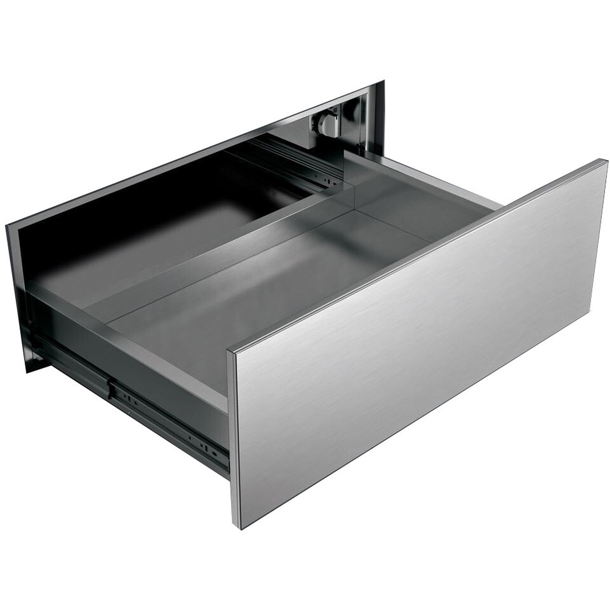 Stainless steel built-in warming drawer shown open with a wide flat front panel and side rails