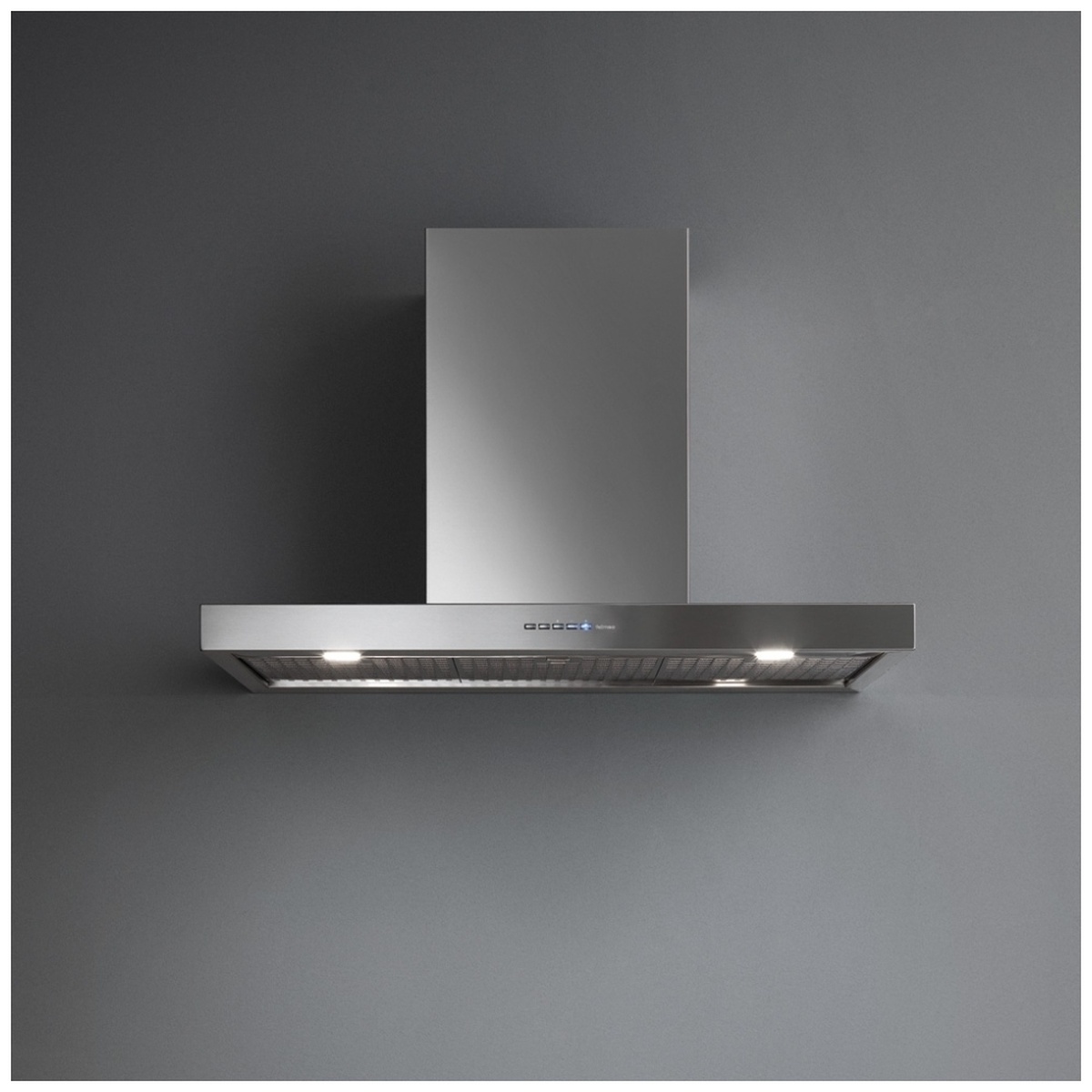 Front view of a stainless steel wall-mounted chimney range hood with two lights under the canopy