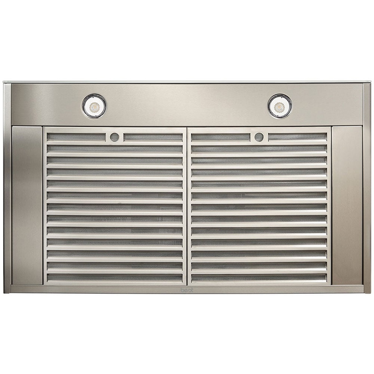 Underside of the wall chimney range hood showing two round lights and two wide filters