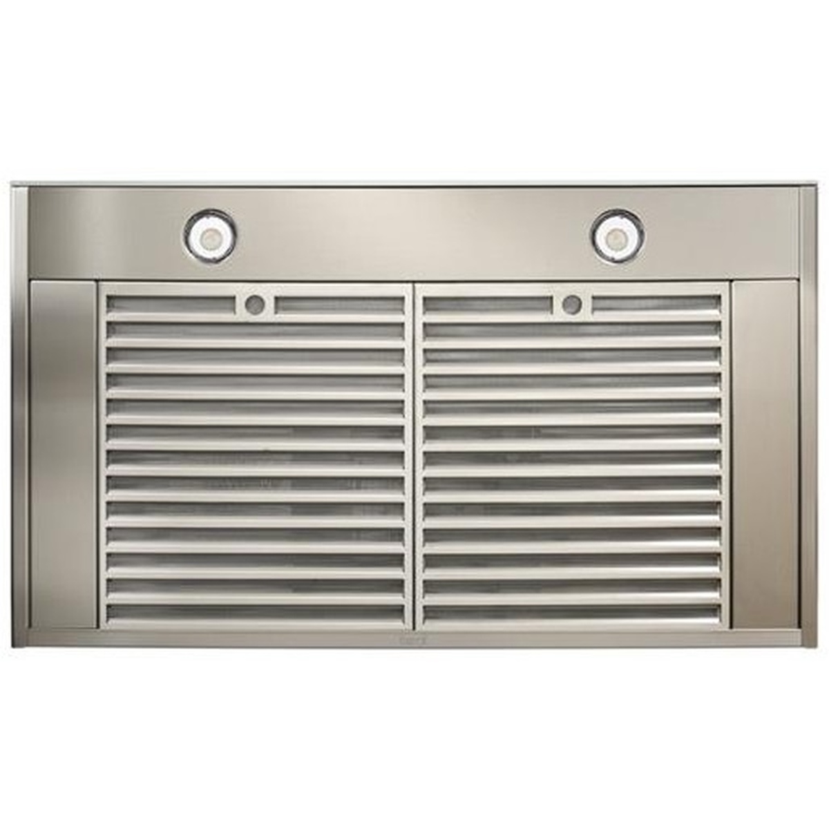 Underside of the range hood showing two round lights and the metal filter area.