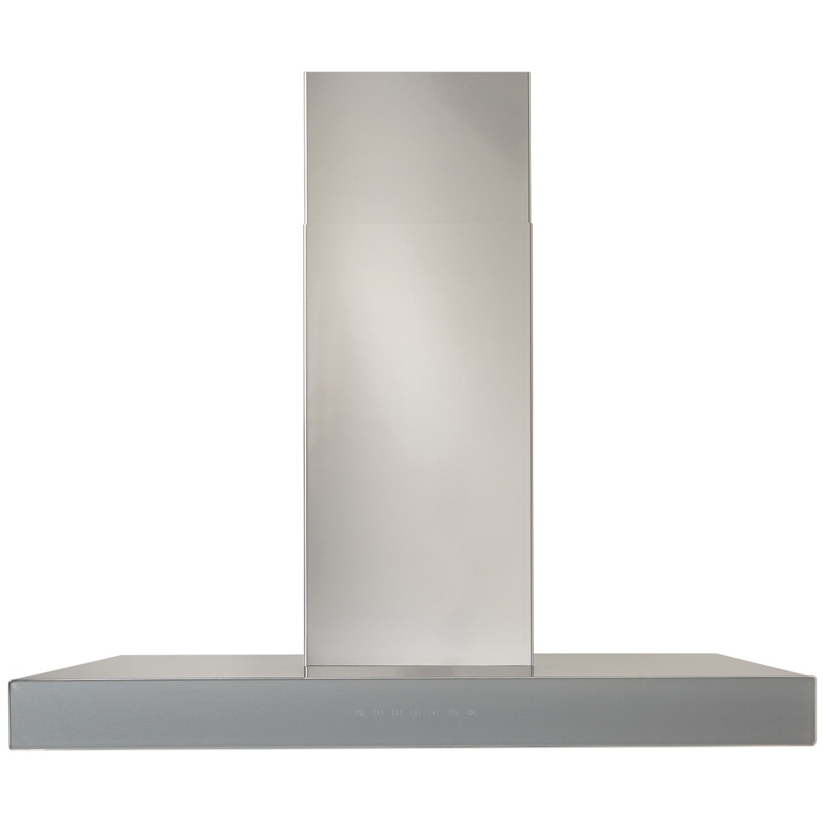 Front view of a stainless steel chimney range hood with a brushed grey glass panel