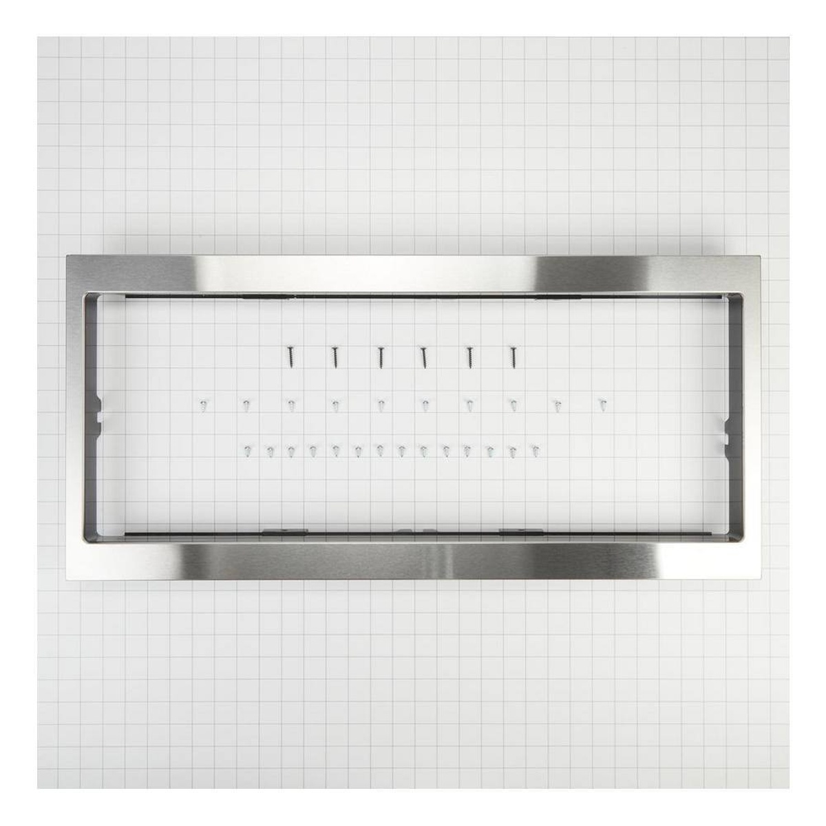 Stainless steel trim frame shown with included screws and mounting hardware on a gridded background