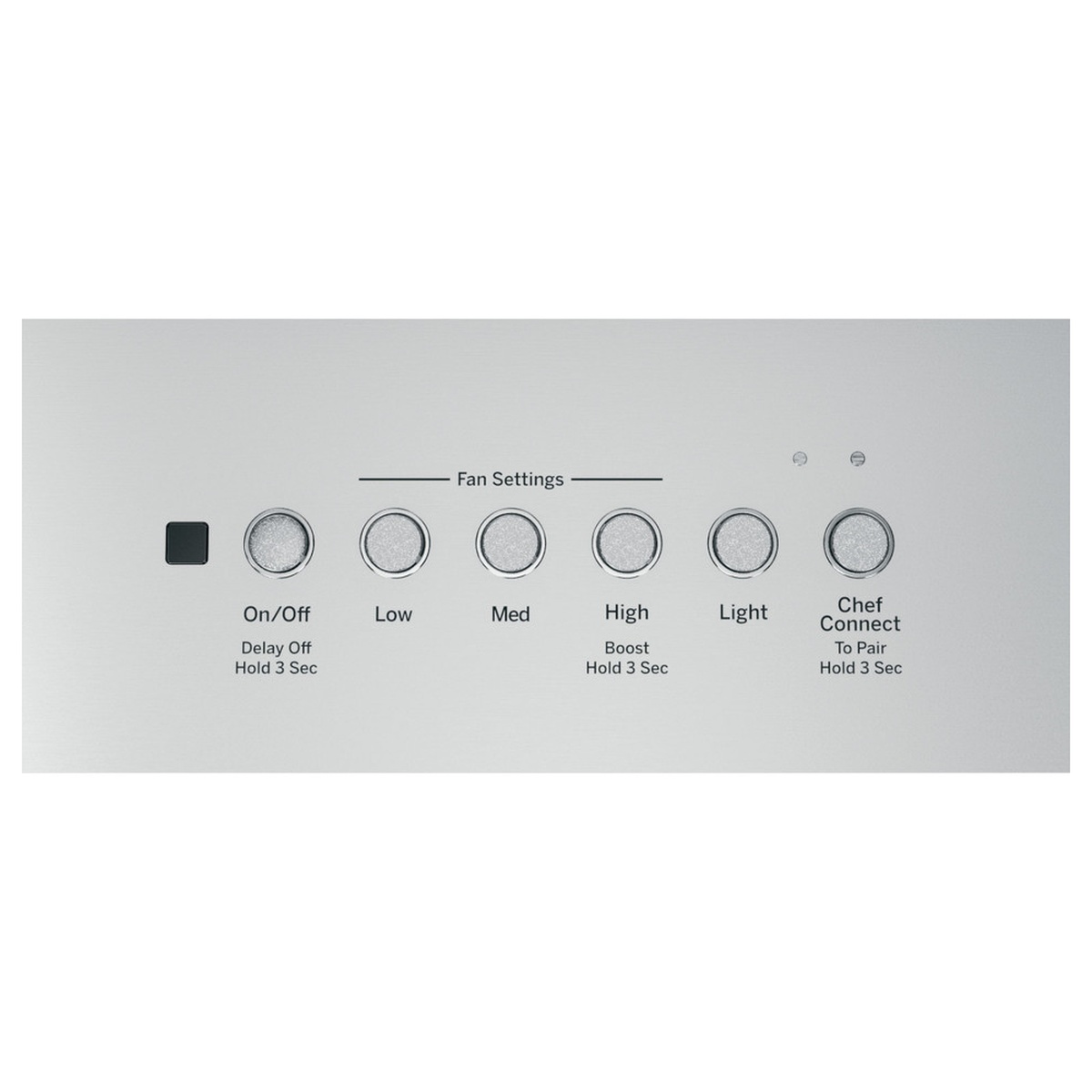 Close-up of the hood insert control panel with On/Off, Low, Med, High, Light, and Chef Connect pairing buttons